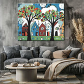 Painting by Numbers Art Trees in Front of Colorful Houses